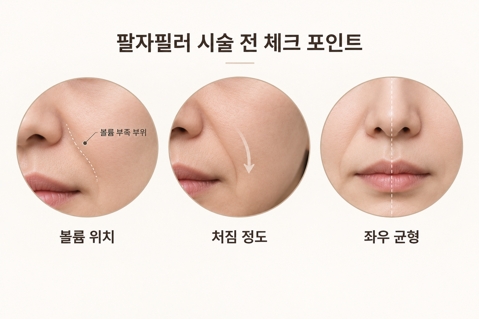 팔자 주름 필러 시술 전 볼륨 위치 처짐 정도 좌우 균형 체크