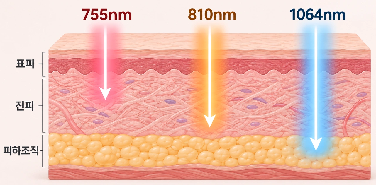 티타늄리프팅 755nm, 810nm, 1064nm 세 가지 레이저 파장의 피부층별 도달 깊이를 비교한 단면도