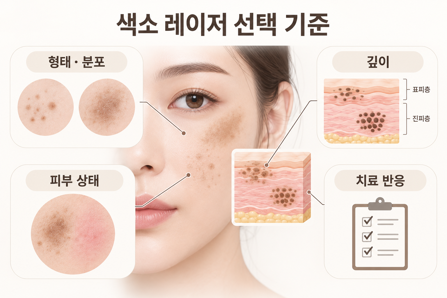 택-기준 색소침착 레이저 선택 시 색소 형태와 분포, 깊이, 피부 상태, 이전 치료 반응을 확인하는 기준