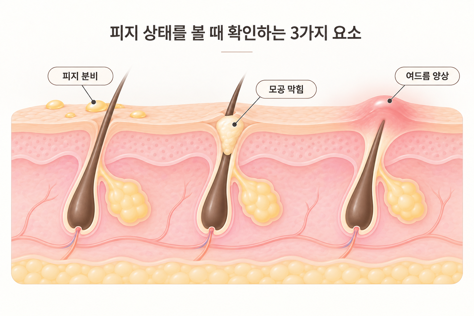 피지 분비와 모공 막힘, 여드름 양상을 확인하는 피부 단면도