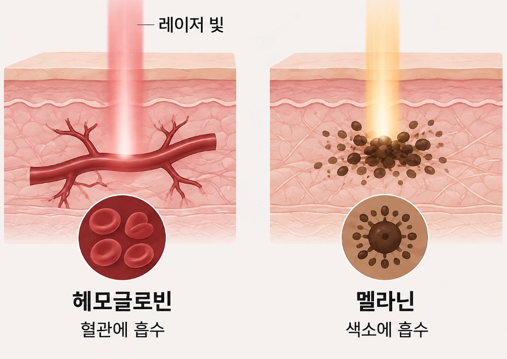 엑셀브이 레이저 빛이 혈관 속 헤모글로빈과 피부 속 멜라닌에 각각 흡수되는 원리를 비교한 의료 일러스트