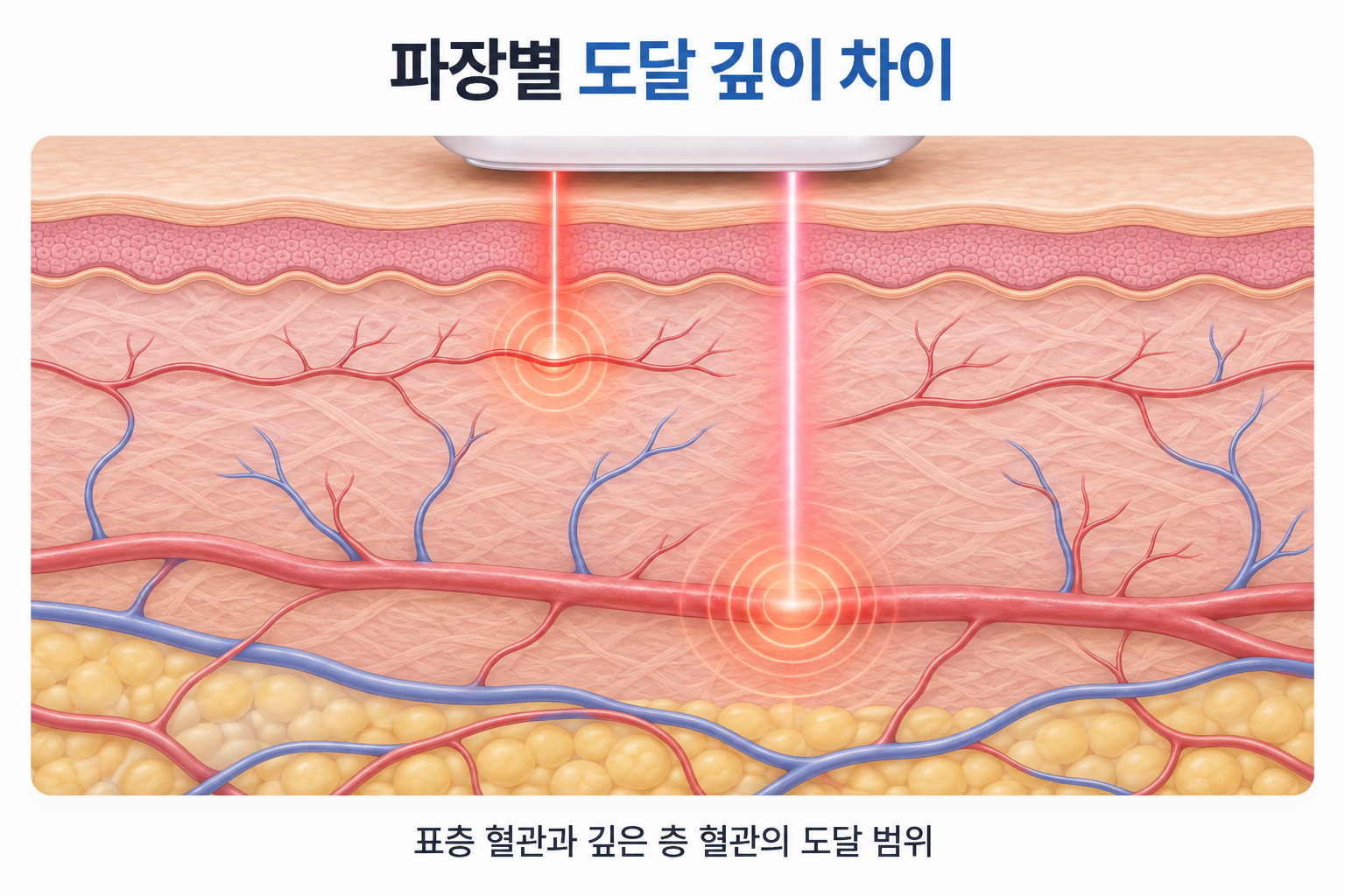 안면홍조 표층 혈관과 깊은 층 혈관의 파장별 도달 깊이 차이