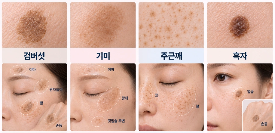 검버섯·기미·주근깨·흑자의 형태와 얼굴 및 손등에서 주로 나타나는 위치 차이를 비교한 색소질환 비교 사진