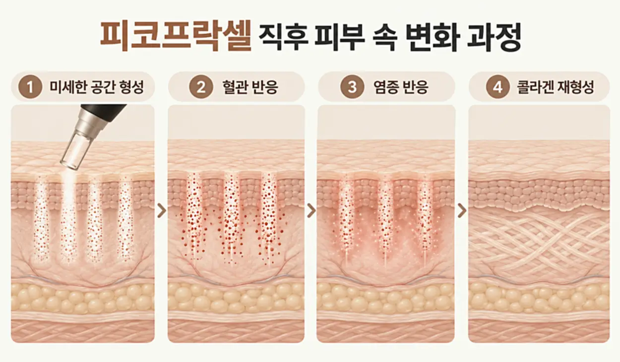 피코프락셀 직후 피부 반응이 나타나는 이유를 설명하기 위해 피코프락셀 시술하는 장면을 이미지로 만든 모습