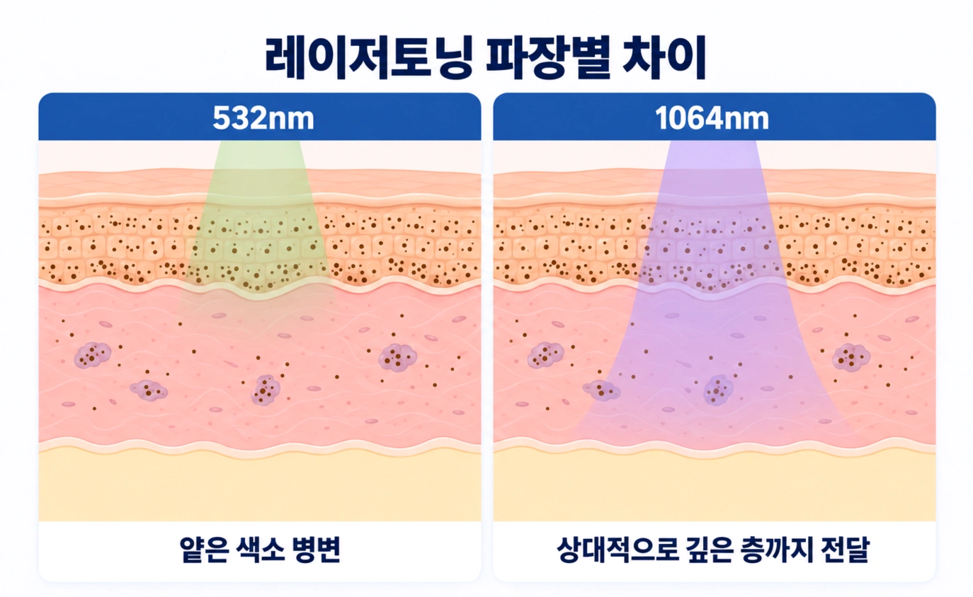 레이저토닝 532nm와 1064nm 파장의 피부 침투 깊이 차이를 나타낸 단면도