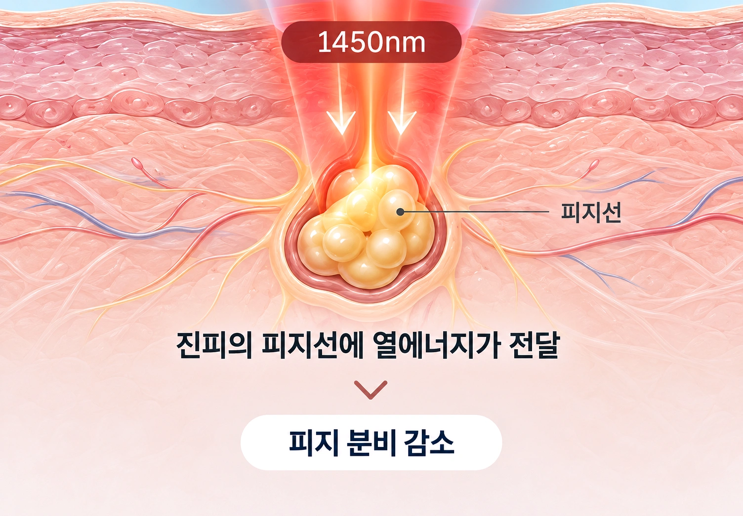 1450nm 레이저가 진피의 피지선에 열에너지를 전달해 피지 분비를 줄이는 원리